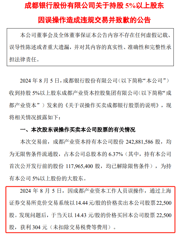 成都银行：第三大股东因违规交易致歉